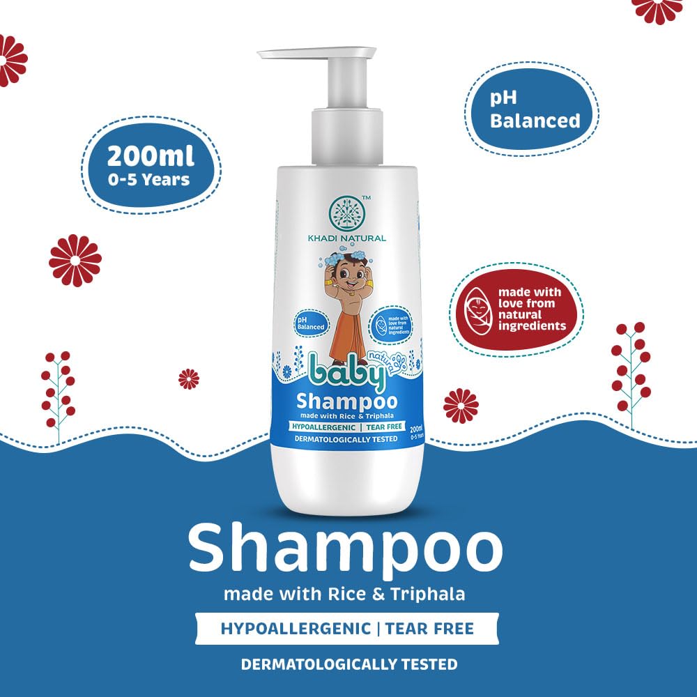 KHADI NATURAL Baby Care Hair Shampoo with Rice and Triphala 200 Ml Gentle Nourishing Cleanser for Babies