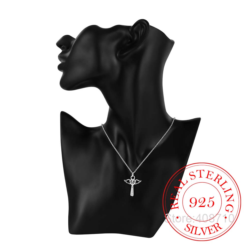 Autentico Collana con Croce di Gesù in Argento Sterling 925 Gioielli Fini Doppie Ali d'Angelo Cuore Zirconia Ciondolo Collana Saldi Festivi