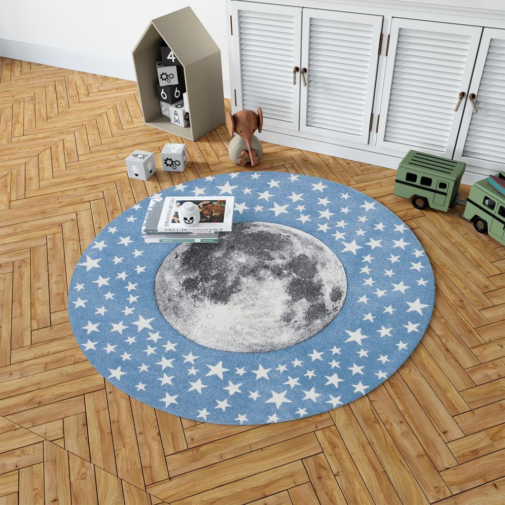 Dekorativer, gewebter Baumwollboden mit Mond- und Sternenmuster, maschinengewebt, feiner, schmutzabweisender, waschbarer moderner Raumteppich