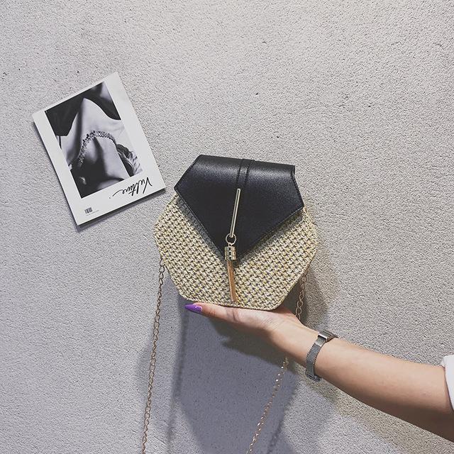 Summer Straw Bag Women Hexagon Chain Crossbody Bag Handmade Weaven Shoulder Bag Fashion Tassel Messenger Bag