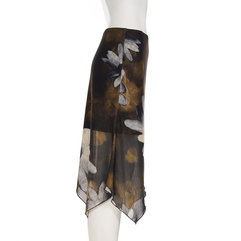 American Retro Floral Mesh Irregular Low Waist Vacation Skirt