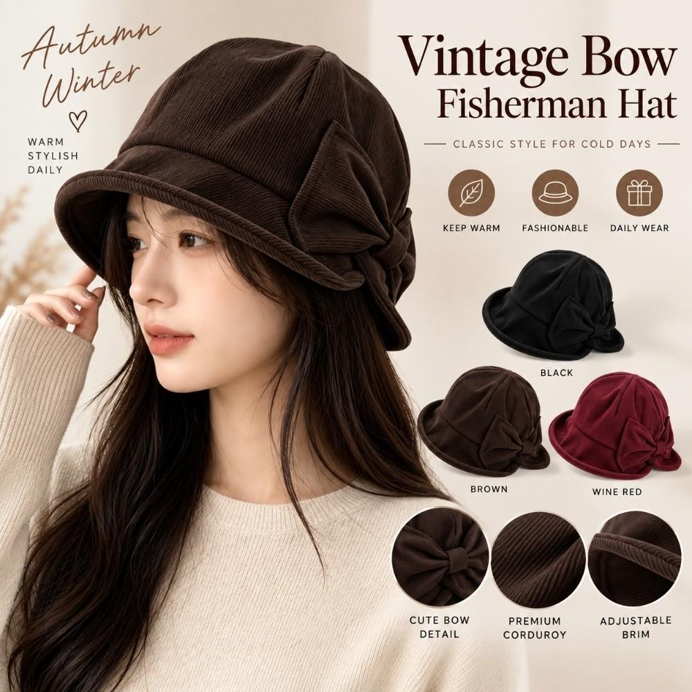 Slit Front Vintage Bucket Hat Cold Resistant Bow Bucket Hat Women's Bucket Hat  Outdoor Wear
