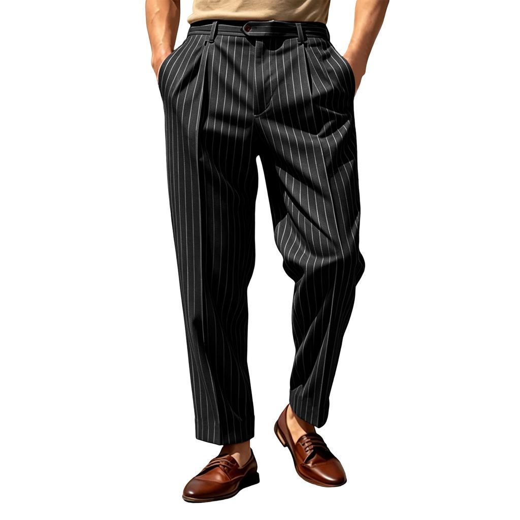 Men's Striped Dress Pants with Elastic Waistband and Button Closure for Business Work