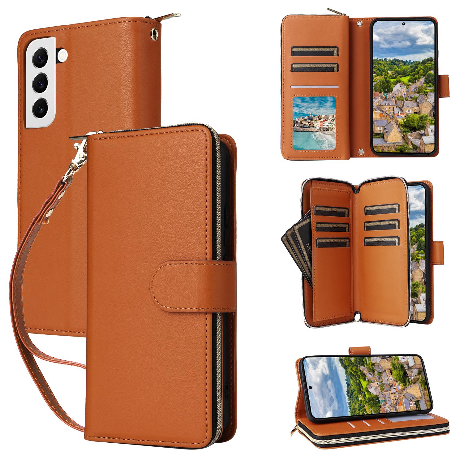 

R20 For Samsung Galaxy S22 5G Case PU Leather Zipper Phone Cover with Straps Brown