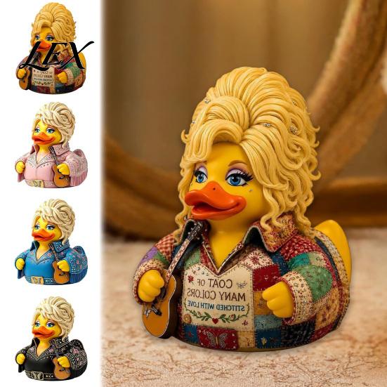Plastová soška kachny pro domácí dekoraci Parton Memorial Duck, figurka Dolly, soška country hudby, ručně malovaná figurka hudebníka s kytarou, dekorativní