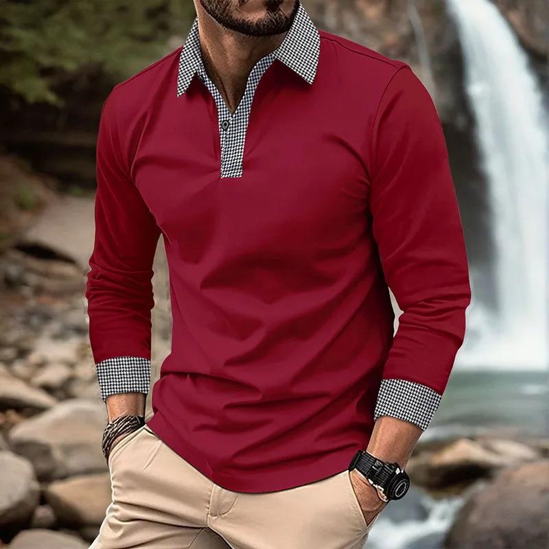 Men's Long Sleeve Polo Shirt with Plaid Trim, Casual Fashion Essential