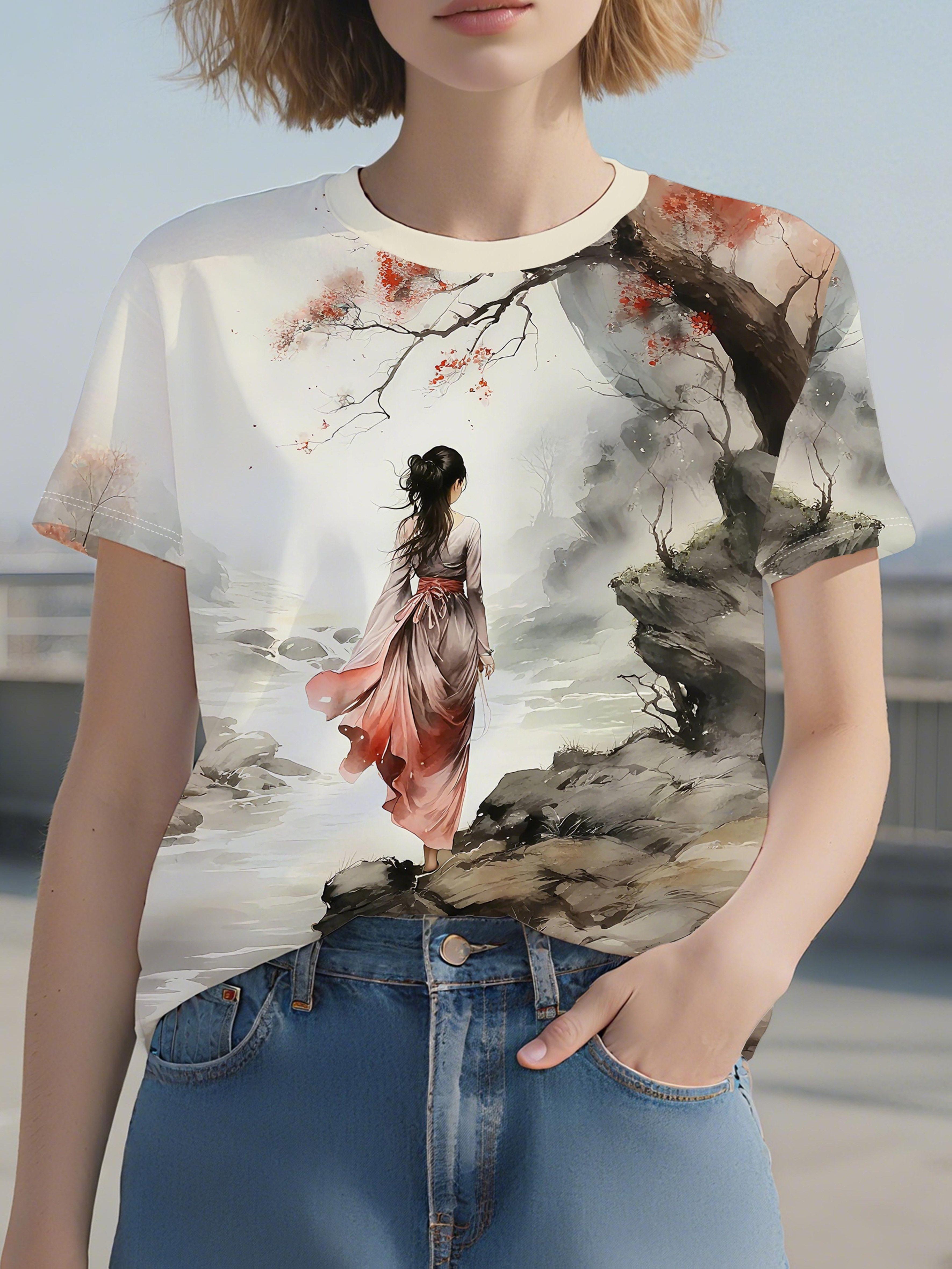 

1pc Round-neck Women s Short-sleeve Printed T-shirt. Available in a Variety of Patterns. Design Features Include a Woman in Ancient Style Walking Thro L дубильна кора