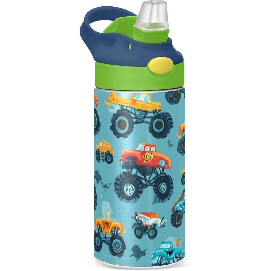 Boccsty Bright Race Car Truck Kids Water Bottle with Straw Lid Sport Cars ulated Stainless Steel Reble Tumbler for Boys Girls Toddlers 12 oz Green