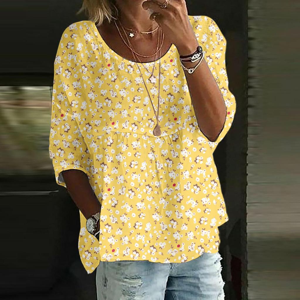 Women's Casual Fashion Three-quarter Sleeve Loose Round Neck Floral Print Top