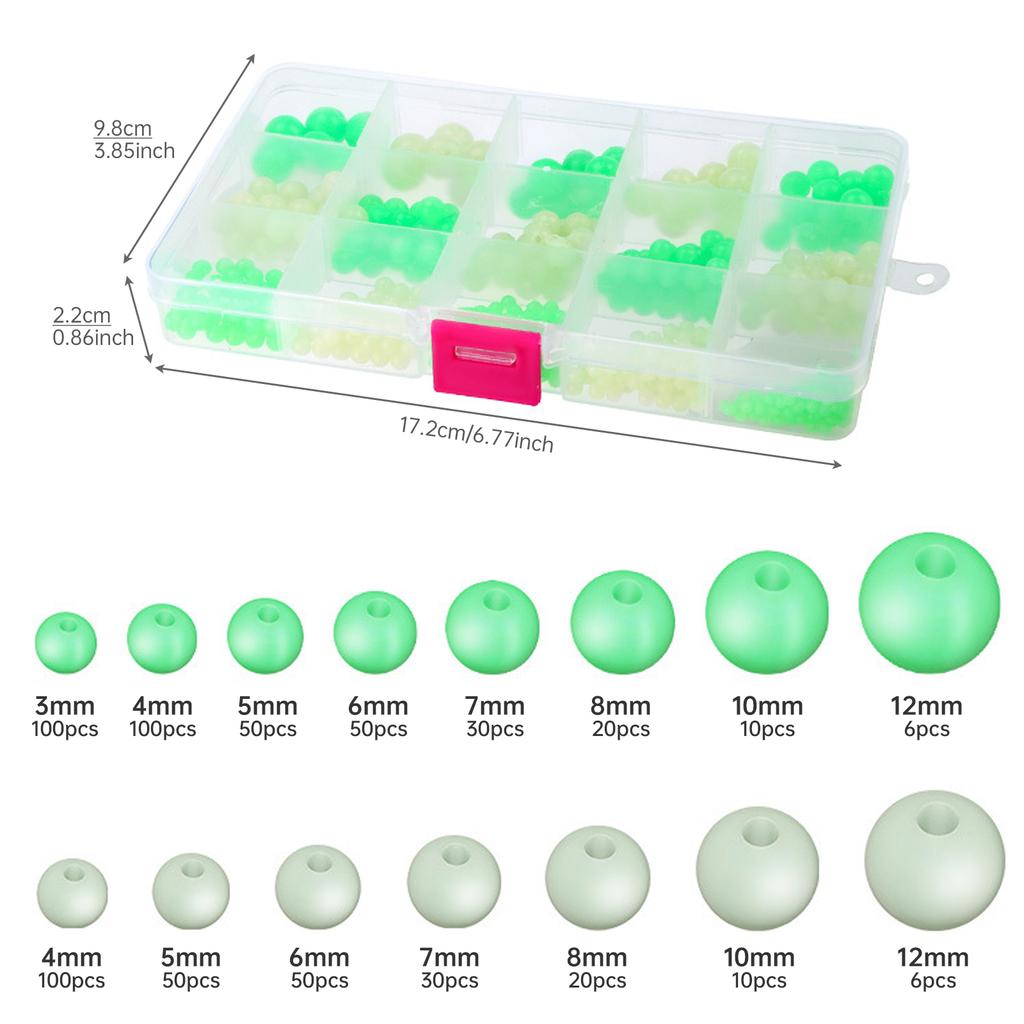 Fishing Beads,632 pcs Round Luminous Glow Rubber Soft Fishing Beads with Plastic Box, Multiple Sizes Sea Fishing Tackles