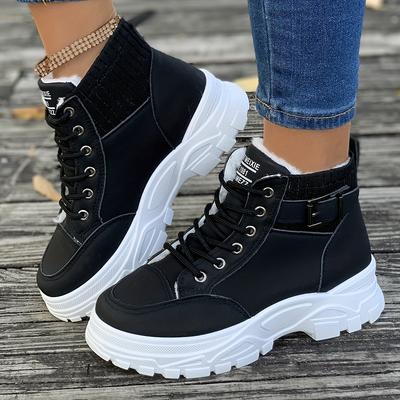 Kurze Plateaustiefel für Damen in Volltonfarbe, modische Stiefel mit Schnürung und Plüschfutter, bequeme Winterstiefeletten