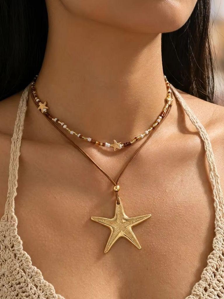 Bohemia Metal Starfish Pendant Collarbone Necklace For Women Colorful Rice Beads Rope Chain Choker Beach Party Jewelry Gifts