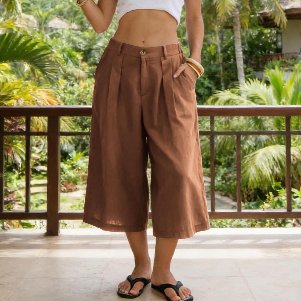 Women’s Casual Loose Fit Cropped Pants with Pockets Relaxed Mid Waist Wide Leg Seven Quarter Length Trousers for Everyday Wear