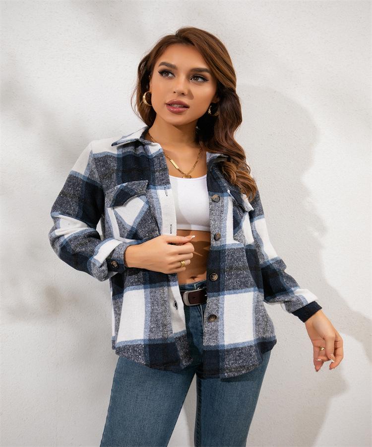 

European & American Fall/Winter Cashmere Plaid Long-Sleeve Loose Shirt Jacket for Women XL темно-синий