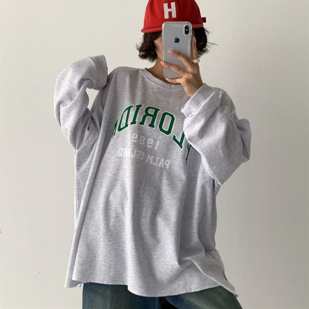 New Arrivals Open Run Women Big Size LeTTering SliT Box FiT Long Sleeve T shirT