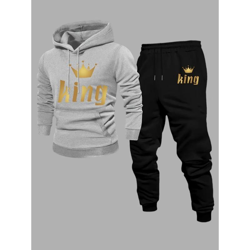 2026 King Crown Printed Sportswear Set Men's Hooded Sweatshirt Long Pants Set Spring and Autumn Winter Warm Suit
