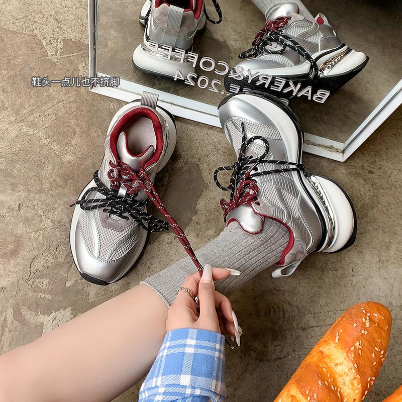Two-color shoelaces Korean version of thick-soled color matching dad shoes 2025 spring middle heel mesh splicing sports and leisure single shoes women
