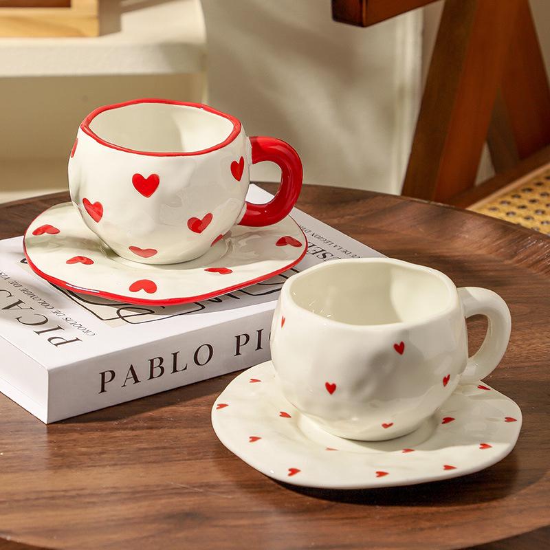 Ins Style Hand-Painted Retro Floral Irregular Coffee Cup and Saucer