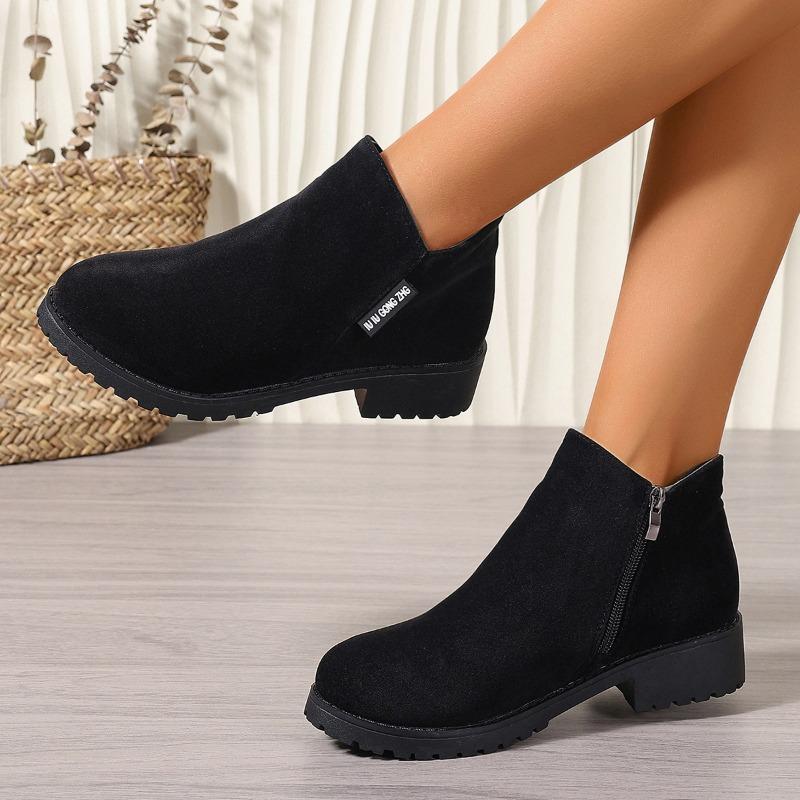 Women's Boots Autumn and Winter New Suede and Bare Boots Side Zipper Square Heel Short Boots