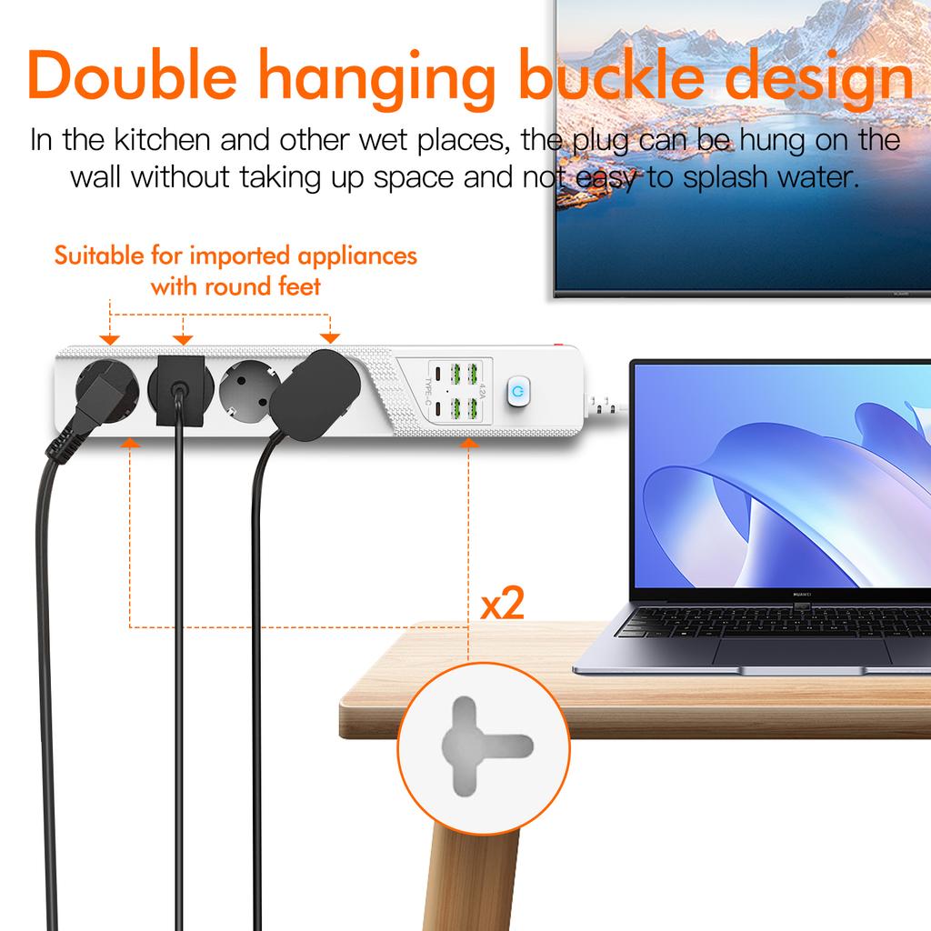 Priză multiplă cu protecție la suprasarcină, priză multiplă cu 4 prize AC, 4 porturi USB-A, 2 porturi USB-C, filtru de rețea pentru casă