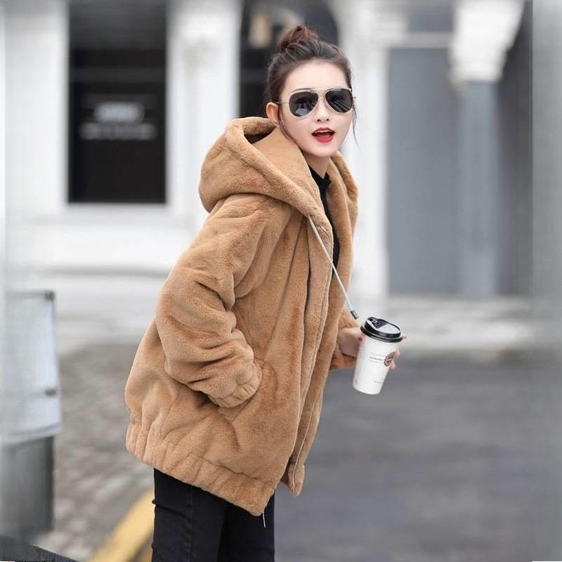 Flannel Hooded Coat Women Mid-Length Winter Korean Loose Plush Warm Long Sleeve Fleece Short Jacket