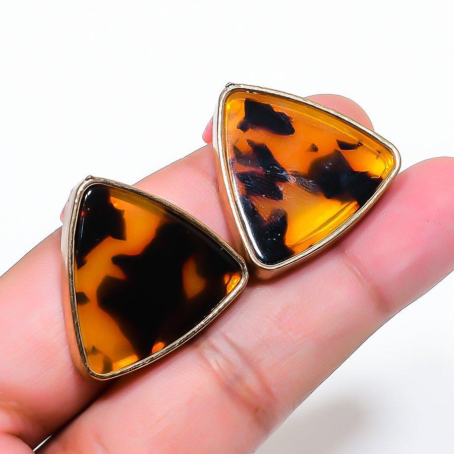 Natural Montana Agate Gemstone Brass Jewelry Earring 1.02 RE-83