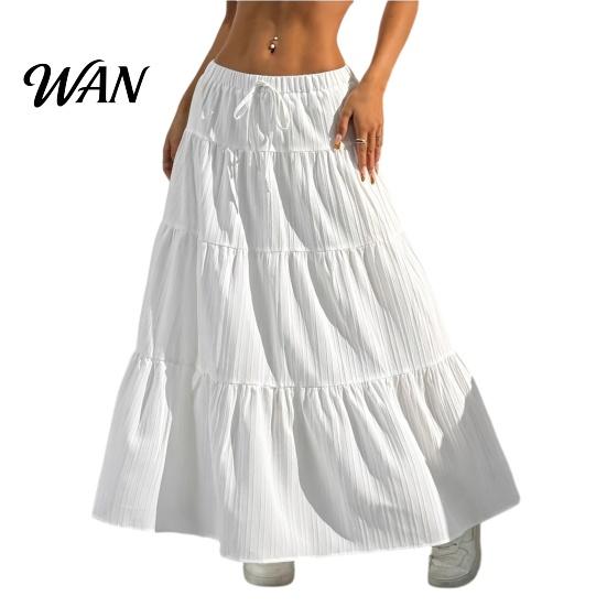 Elastic Waistband Skirt Women Long Spring Summer Middle Waist A Line Flowy Swing Occasion Breathable Solid Color Drawstring Pleated Casual Elegant