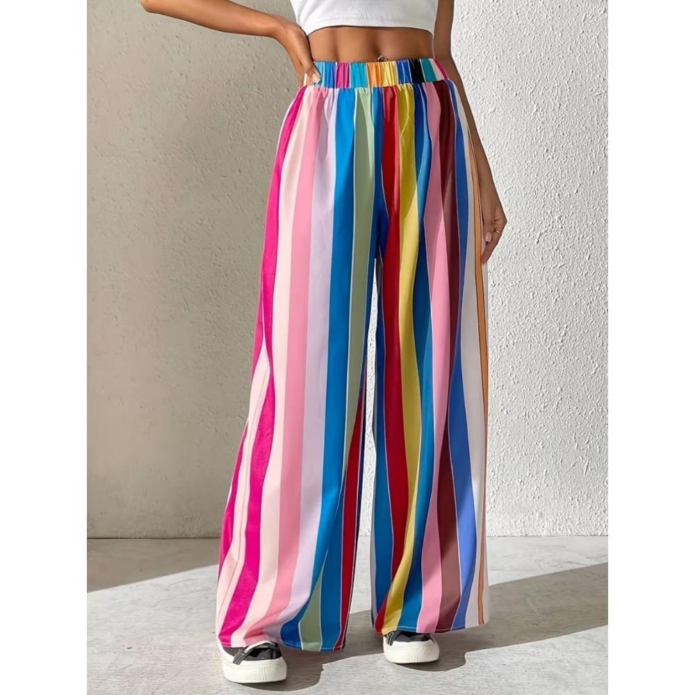 Women Loose Striped Drawstring Pants Wide Leg Trousers with Pockets Easy Summer Casual Home Wear