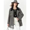 Blacknini Shipped/Black and White Symphony Ch Classic Vichy Plaid Wool Lapel Woolen Coat Outwear