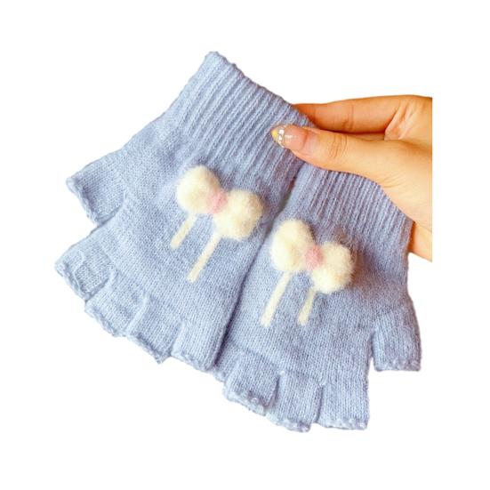 1 Pair Winter Half Finger Gloves for Women Cute Fingerless Mittens with Bow Plush Warm Stretchy Gloves for Women Girls