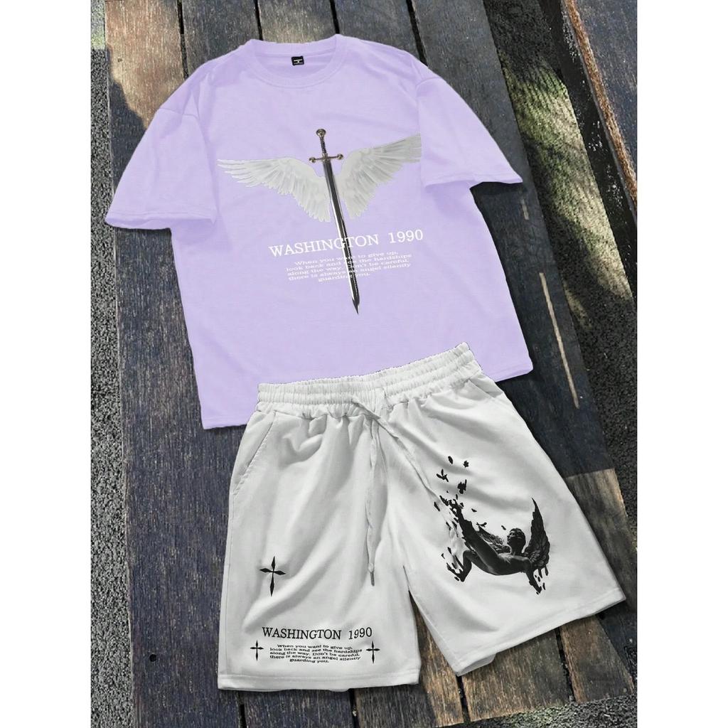2026 Summer New Unisex Short-Sleeved Shorts Set with 3D Wings Pattern Print for Street Casual Fashion Comfortable and Soft
