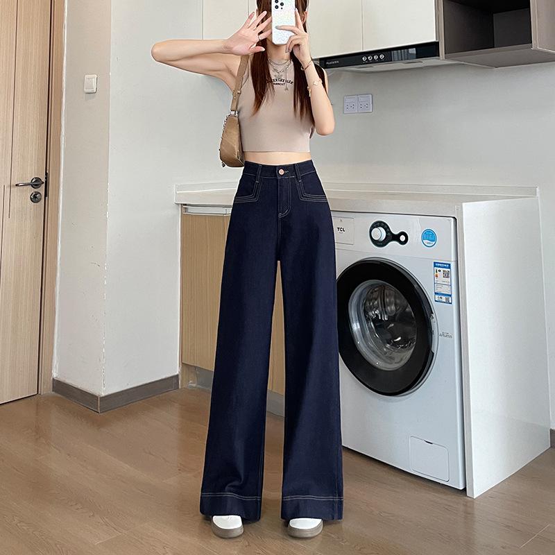 

High-Waisted Wide-Leg Stretch Jeans for Women, Plus Velvet, Spring/Autumn, Casual Denim Blue, Loose Fit, Long Straight Leg. XS