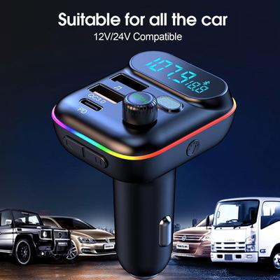 Car PD 18W QC3.0 Fast Charge Bluetooth 5.0 FM Transmitter Dual Player Music Type-C Colorful Ambient MP3 Light Cigarette Lighter