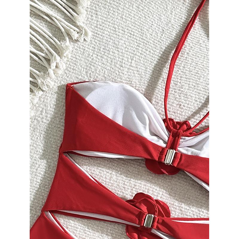 Einfarbige 3D-Blumen Neckholder Rückenfreie Bademode Sexy Einteiliger Badeanzug Damen Bade- Schwimmanzug Tragen Ausgeschnittene Bikinis