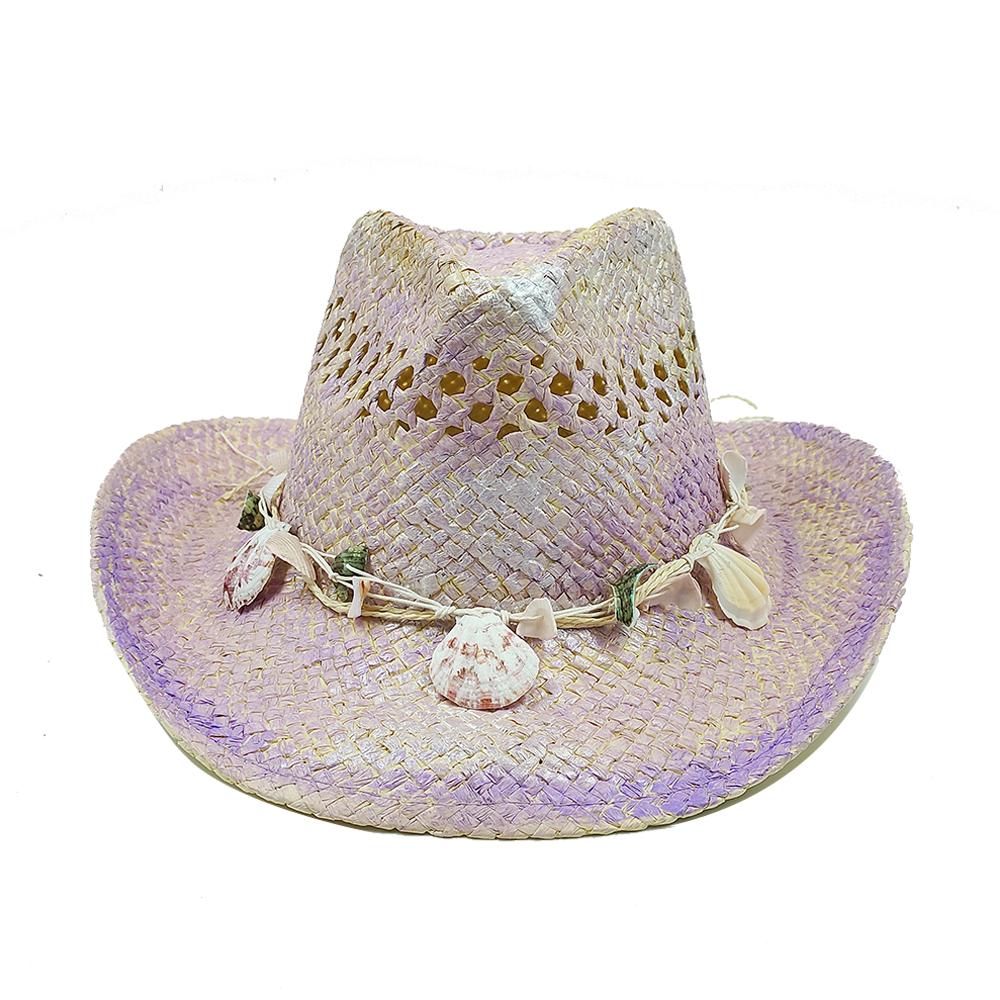 Hand-painted Hollow Woven Western Cowboy Hat Men and Women Summer Outdoor Denim Hat Beach Sunscreen Paper Straw Hat Shell Chain