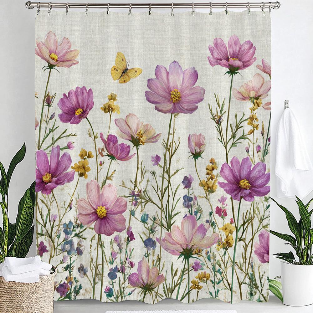 Colorful Flowers Shower Curtain for Bathroom Spring Floral Romantic Wildflower Plants Nature Scenery Decor Curtain with Hooks