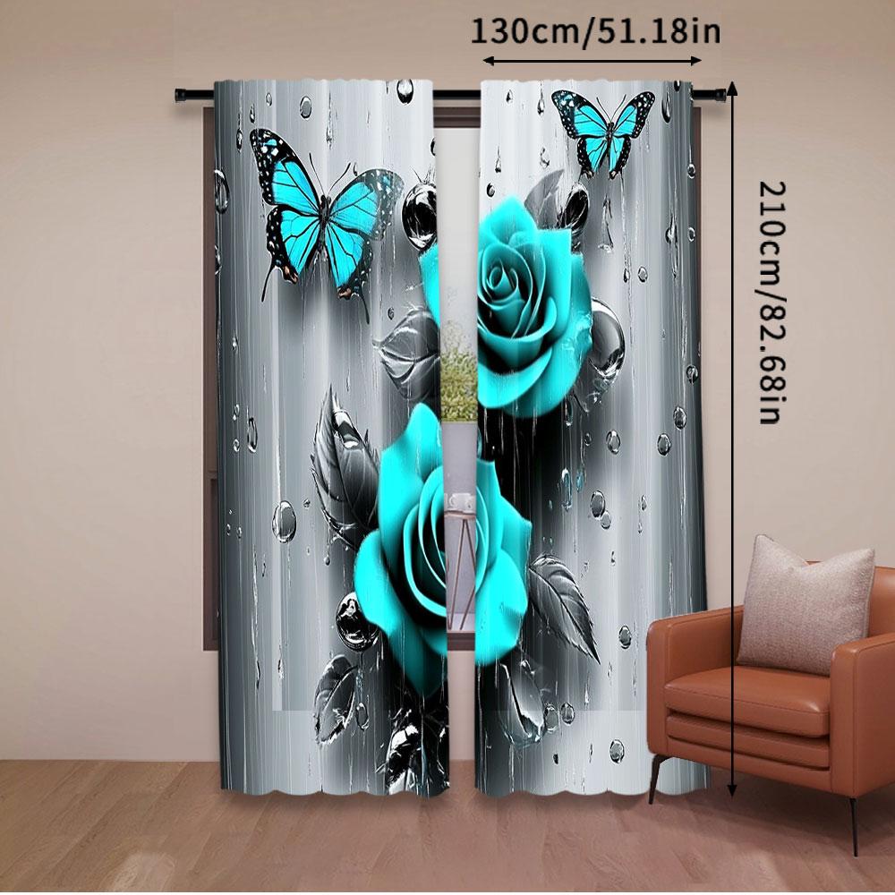2Pcs Teal Rose Curtain Turquoise Floral Raindrops Art Window Drapes Suitable For Bedroom Bathroom Living Room