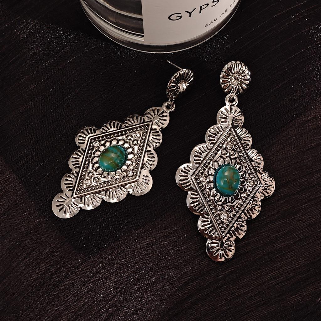 Vintage Carved Texture Turquoise Earrings, Bohemian Ethnic Style Rhombus Exaggerated Earrings For Women