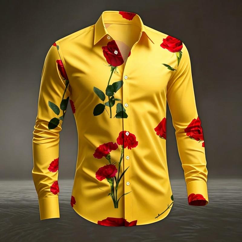 Men's Red Rose Printed Long Sleeved Shirt with White Casual Button Up Top for Romantic Occasions