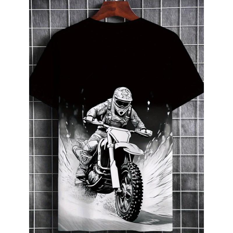 European sizes[Motorcycle Graphic T-Shirt] Durable Fabric Men's Casual Motorcycle Graphic T-Shirt | Black & White Print, Short Sleeve