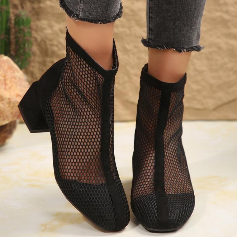 Fashion 2024 Summer Boot Zapatos Chaussures Femme Zipper Square High Heel Leopard Woman Shoes Women Mesh Suede Ankle Boots Size 43