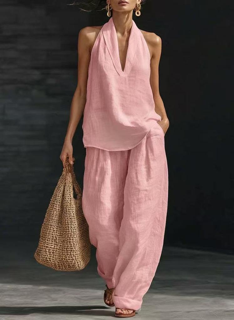 2026 new European and American style sleeveless loose shoulder suit women's summer casual wide-leg pants two-piece fashion trendy