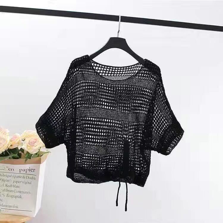 Camisa de malla de jersey corto holgado coreano de manga corta de verano para mujer de punto calado