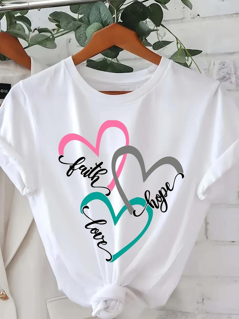 Faith Love Hope Letter Print T-shirt, Short Sleeve Crew Neck Casual Top, Polyester Elastane Blend, Regular Length, All Season, Knit Fabric,