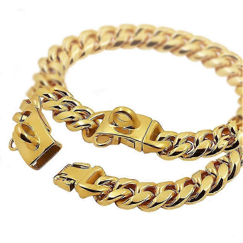 Metal Dog Collar Stainless Steel Pet Choker Gold Link Chain 14mm Wide Lead compatible withSmall Medium Dogs