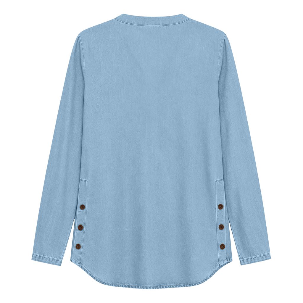 Women's Casual Long Sleeve Denim Shirt with Side Button Closure, Loose Fit Top