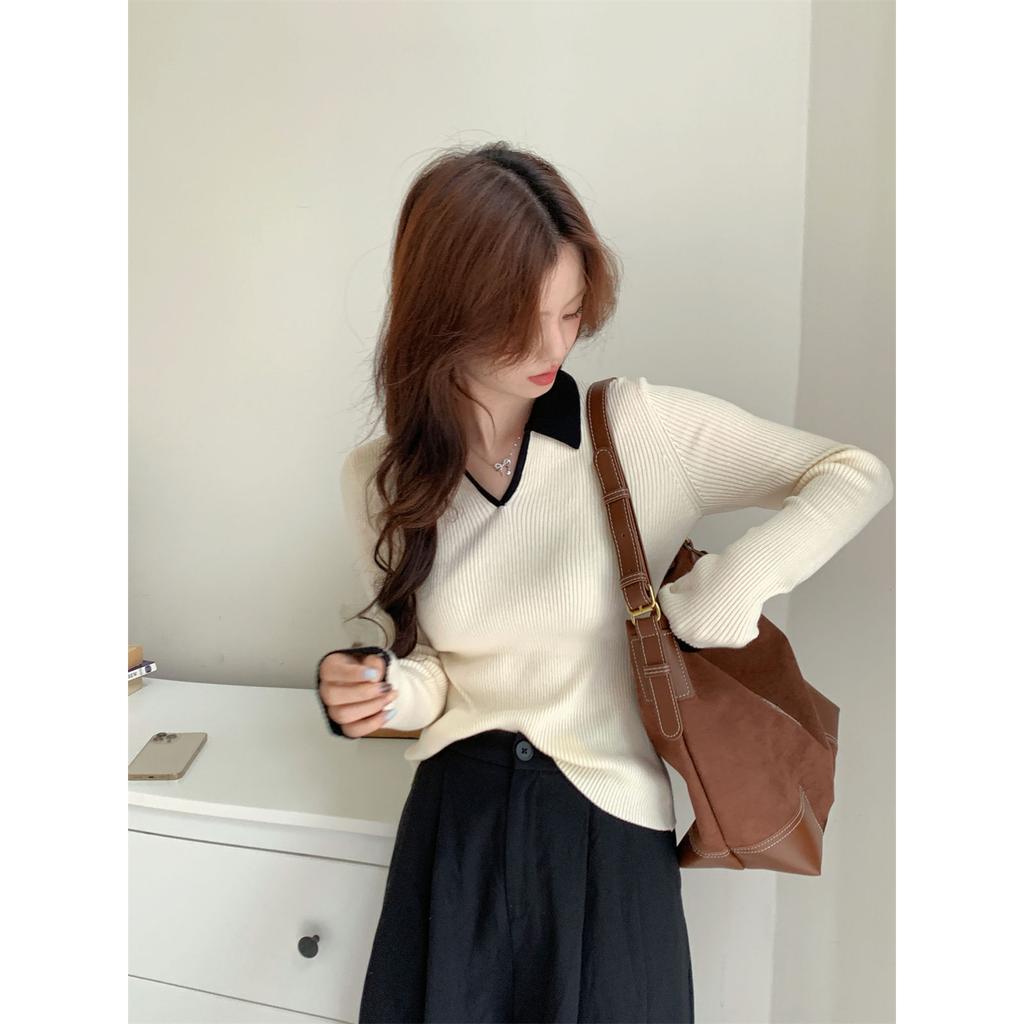 Temperament Contrasting Polo Neck Knitted Sweater Women's Spring and Autumn Niche Fashion Slim-fitting Bottoming Shirt and Thin Top
