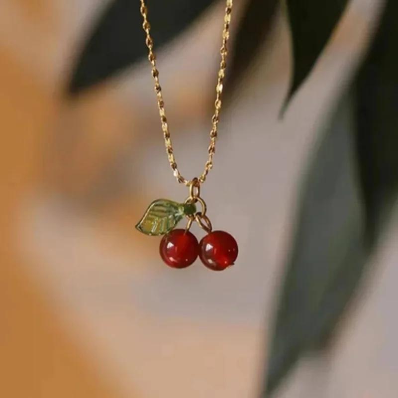 Cherry Necklace Natural Stone Beads Pendant Chain Necklaces Women's Fashion Wedding Party Jewelry Birthday Gift