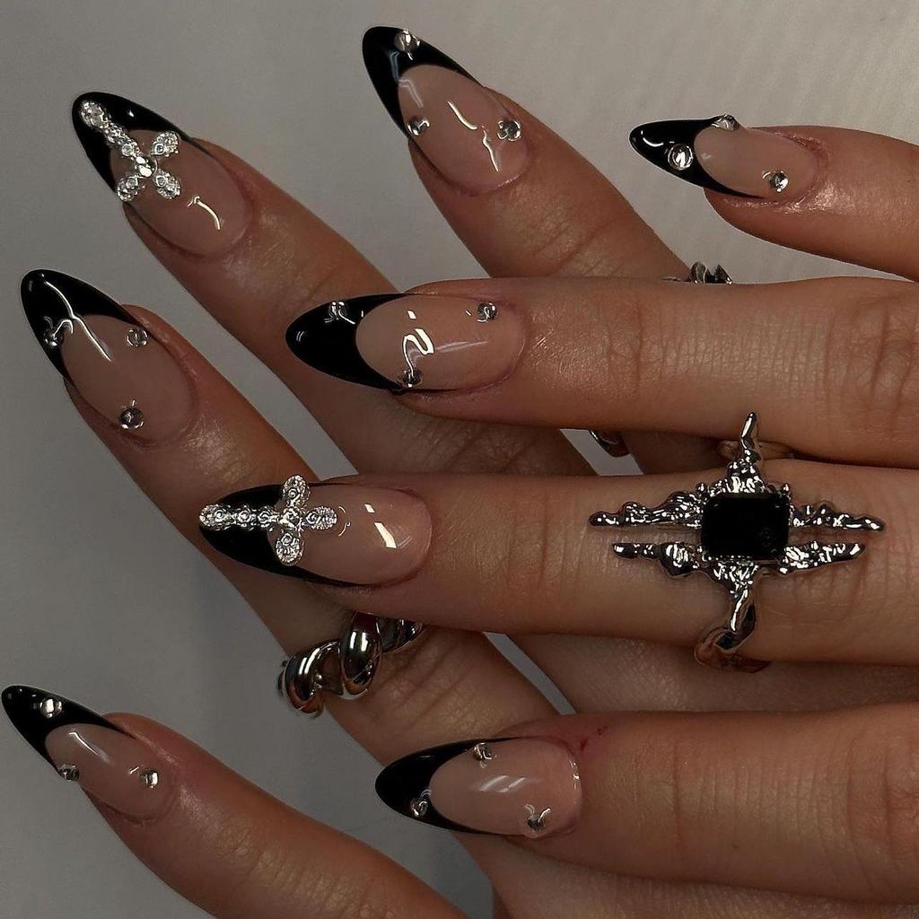 Classic French Black Rhinestone Glitter Nail Art Wearable Cross Stickers
