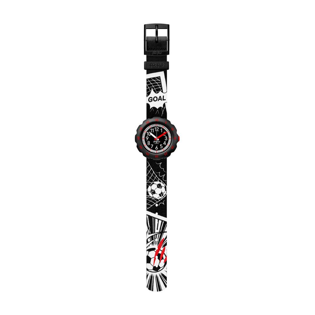 Swatch Flik Flak Feifei Serie Quarzwerk 30 Meter wasserdicht Unisex Schweizer Uhr 34,75 mm schwarzes Zifferblatt Kunststoffgehäuse Stoffarmband ZFPSP064